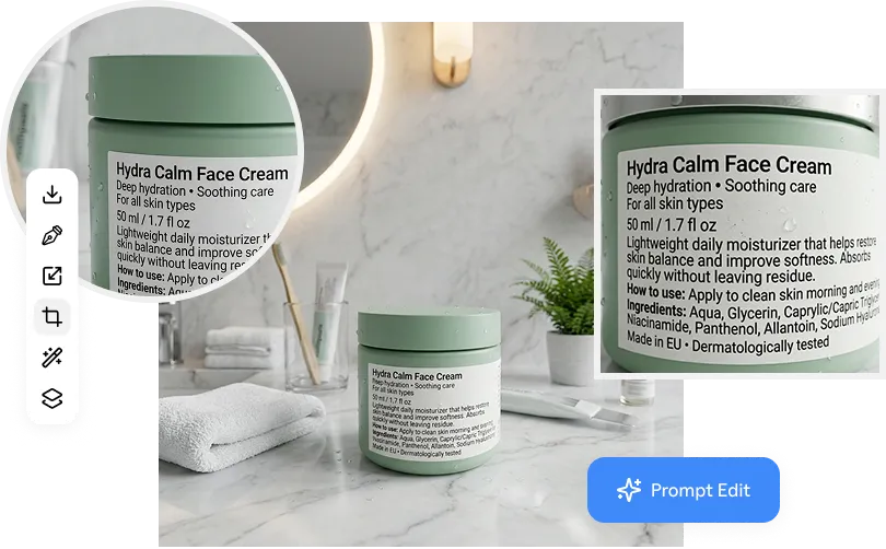 Product details and small text preserved in generated scenes